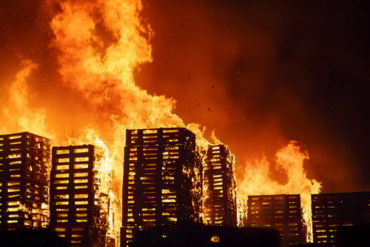 Intense Blaze Wooden Pallet Structures Burning at Night Fiery Inferno photo