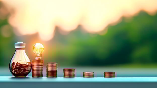 Conceptual image of coins stacked beside a light bulb, symbolizing financial growth at sunset photo