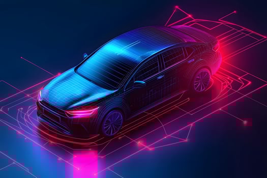 Futuristic Wireframe Sedan Car Design Neon Lights Digital Technology Concept photo