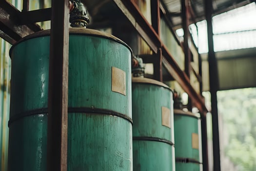 Vintage Teal Industrial Tanks in Aged Factory Setting Rust Metal Processing photo