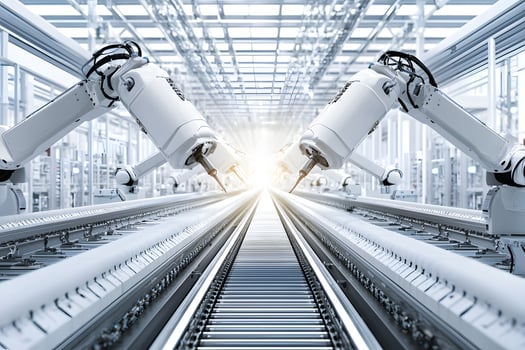 Automated Industrial Robotics System Modern Factory Assembly Line with Robotic Arms photo