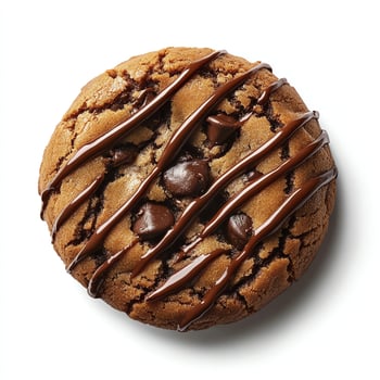 Chocolate Chip Cookie with Drizzled Chocolate Close Up on White photo