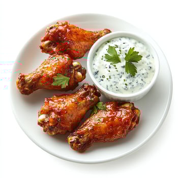 Enjoying Spicy Chicken Wings with Blue Cheese Dip on a White Plate photo