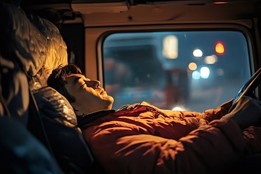 Truck driver sleeping in cabin at night with city lights in background photo
