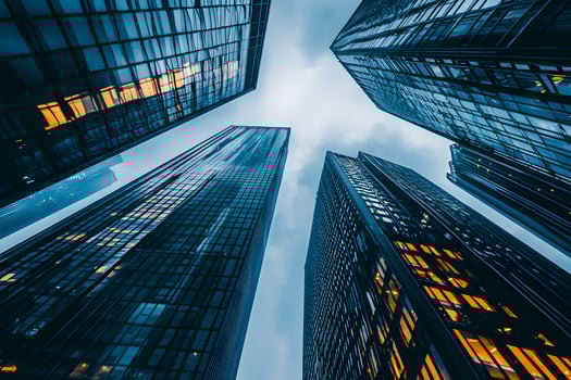 Modern Skyscrapers Reaching for the Sky Urban Architecture Cityscape Business District at Dusk photo