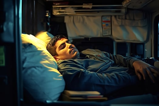 Truck driver sleeping in cabin bed after long trip photo