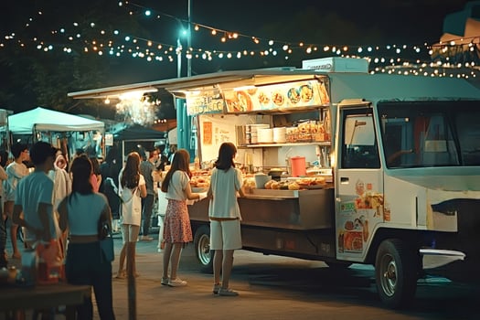 Customers ordering street food from food truck at night market photo