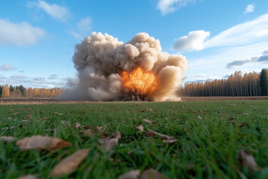 huge explosion with smoke and flames in the field photo