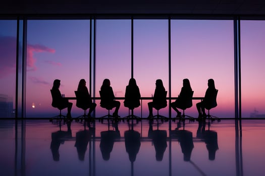 Silhouetted Businesswomen in Modern Office at Sunset Strategic Meeting Teamwork Concept photo