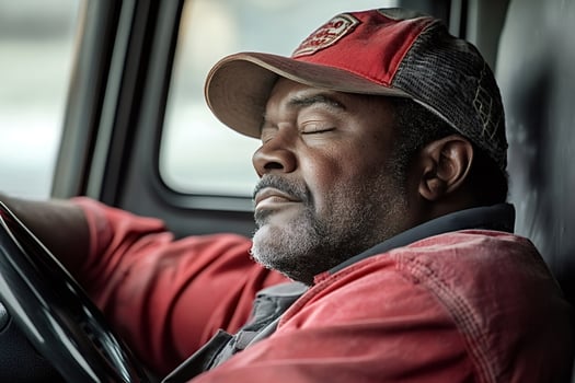 Truck driver sleeping in the cab of his semi truck photo