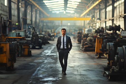 Confident Businessman Walking Through Industrial Factory Setting photo