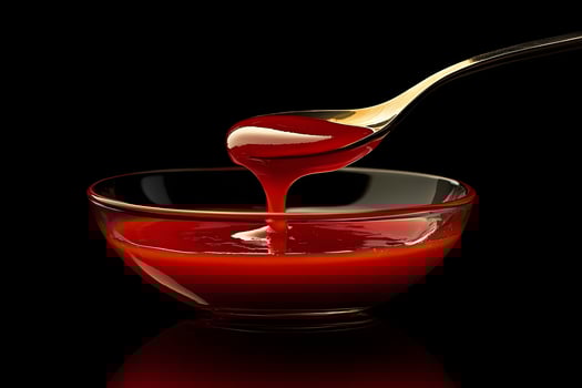 Red Sauce Pouring from Spoon into Glass Bowl Delicious Tomato Ketchup Food Photography photo