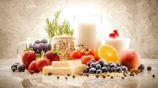 A variety of fruits and vegetables are arranged on a table photo