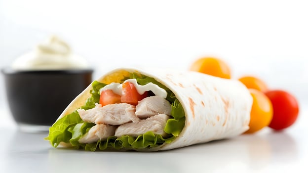 A wrap with chicken, lettuce and tomatoes photo