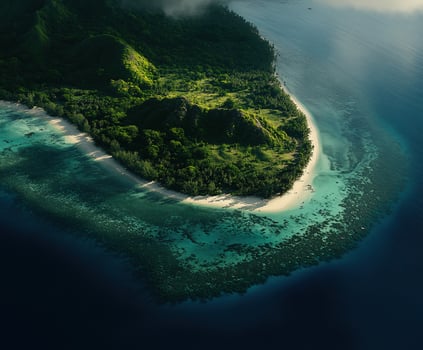 An aerial view of an island surrounded by green vegetation photo