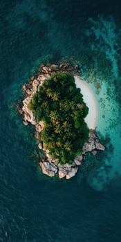 Aerial view of tropical island with white sand and palm trees in the ocean photo