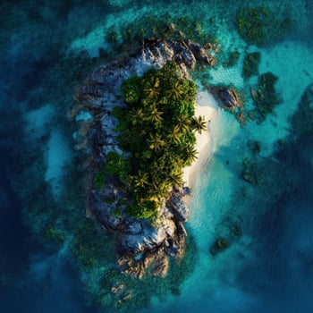An aerial view of a tropical island with palm trees and a small beach photo