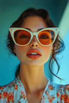 Young Woman Poses Confidently in Stylish Sunglasses Against a Colorful Background photo