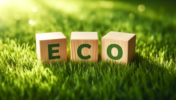 Wooden blocks on green grass with the word ECO. Concept of environment and ecology photo