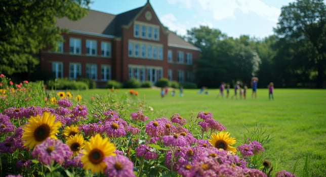 Children Play on a Sunny Day in a Schoolyard Surrounded by Vibrant Flowers photo