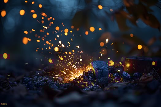 Glowing Embers and Sparks Nighttime Campfire Detail with Bokeh photo