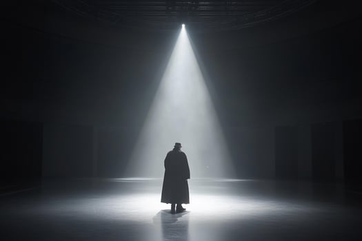 A man standing in the middle of a dark room photo