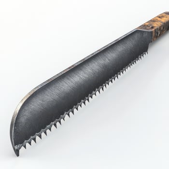 A serrated blade with a wood handle rests on a white background photo
