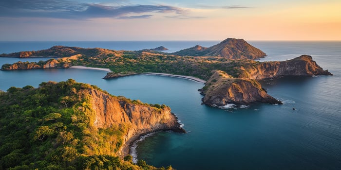 The beautiful island of komodo in the middle of the ocean at sunset photo