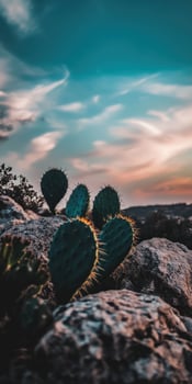 Cactus plants in the desert at sunset photo