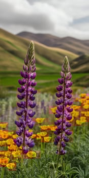 Two purple flowers stand in a field with orange flowers photo