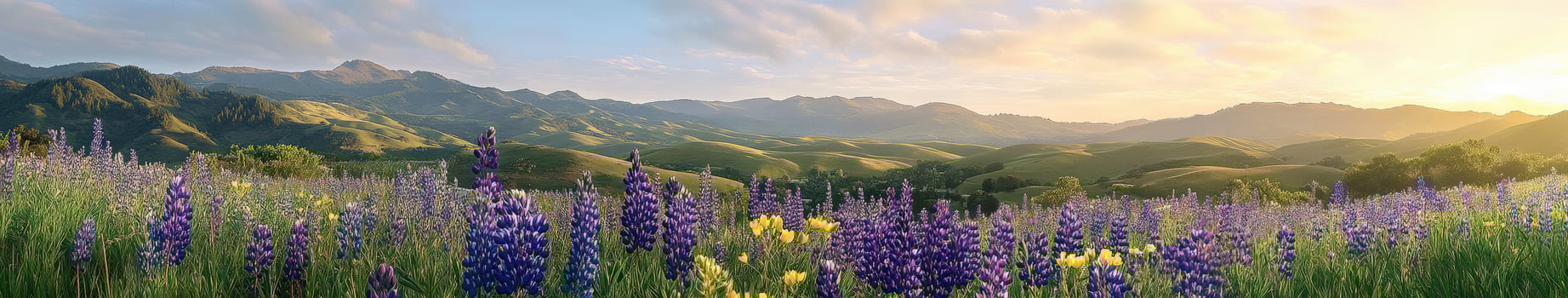 A field of wildflowers and mountains at sunset photo