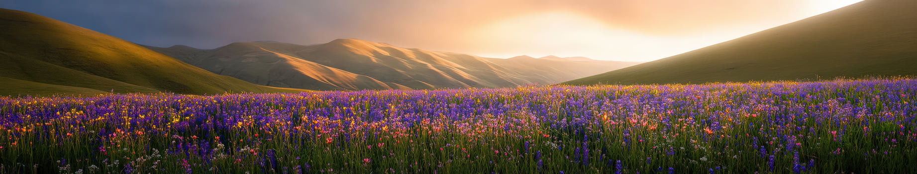 A field of purple flowers in front of mountains photo