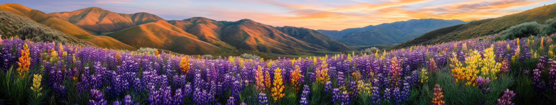 A beautiful landscape with purple flowers and mountains photo