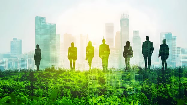 Silhouettes of business people standing in front of a city skyline photo