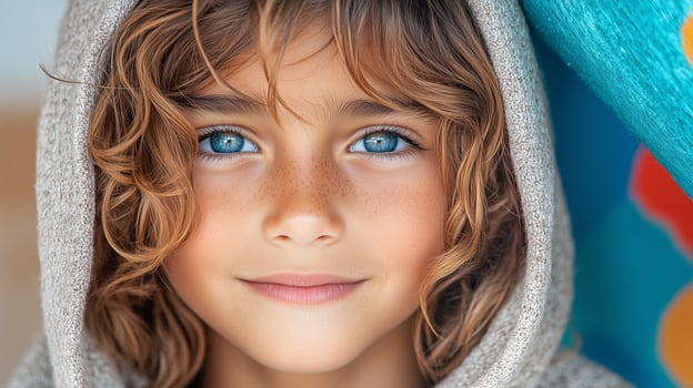 Girl with blue eyes in a hoodie smiling. photo