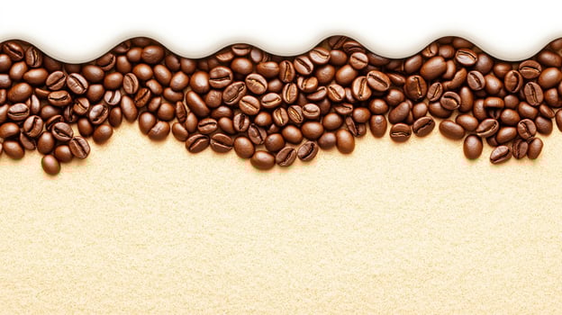Fresh roasted coffee beans line top edge, framing wavy texture of coffee photo