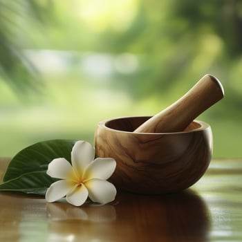 wooden mortar and pestle set beside white frangipani flower on wooden surface, evoking serene and natural atmosphere photo