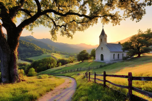 Country church standing on a hill at sunset with big tree and wooden fence photo