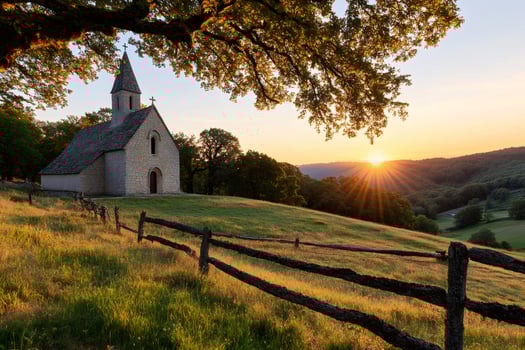 Small church on a hill at sunset with wooden fence and oak tree photo