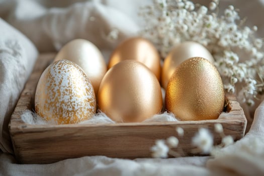 Golden easter eggs resting in wooden box with gypsophila flowers photo