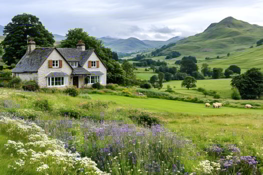 Stone cottage overlooking green fields and grazing sheep in the Lake District National Park photo