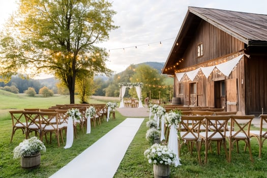 Wedding ceremony location decorated with white runner and flowers next to a barn photo