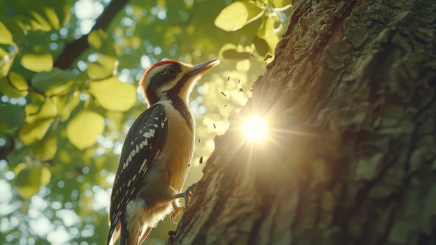 Photorealistic Woodpecker Pecking on Tree in Natural Sunlight photo