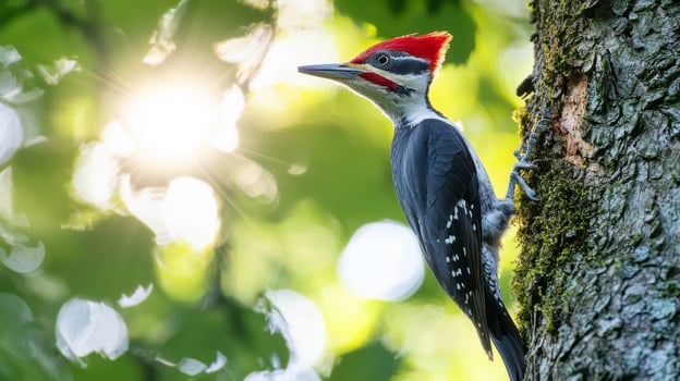 Pileated Woodpecker Perched on Mossy Tree in Natural Light photo