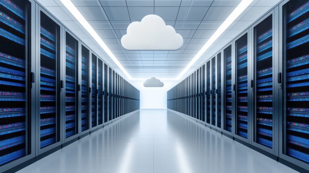 modern data center with rows of servers and cloud icons above, symbolizing cloud computing photo