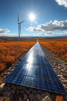 Beautiful landscape with wind turbines, solar panels, and a bright blue sky promoting clean energy photo