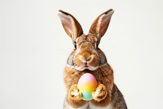 Cute rabbit holding pastel Easter egg photo