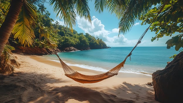 Secluded beachside escape, hammock tied between coconut trees, ocean stretching into the horizon photo
