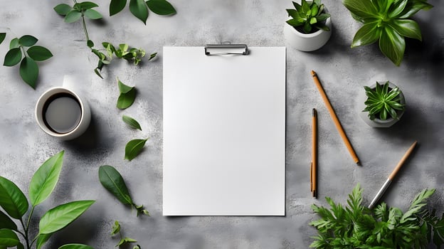 Empty newspaper placed next to office supplies, clean and minimal design photo