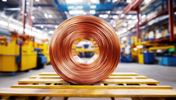 Copper coil resting on wooden pallet in industrial facility during daylight photo